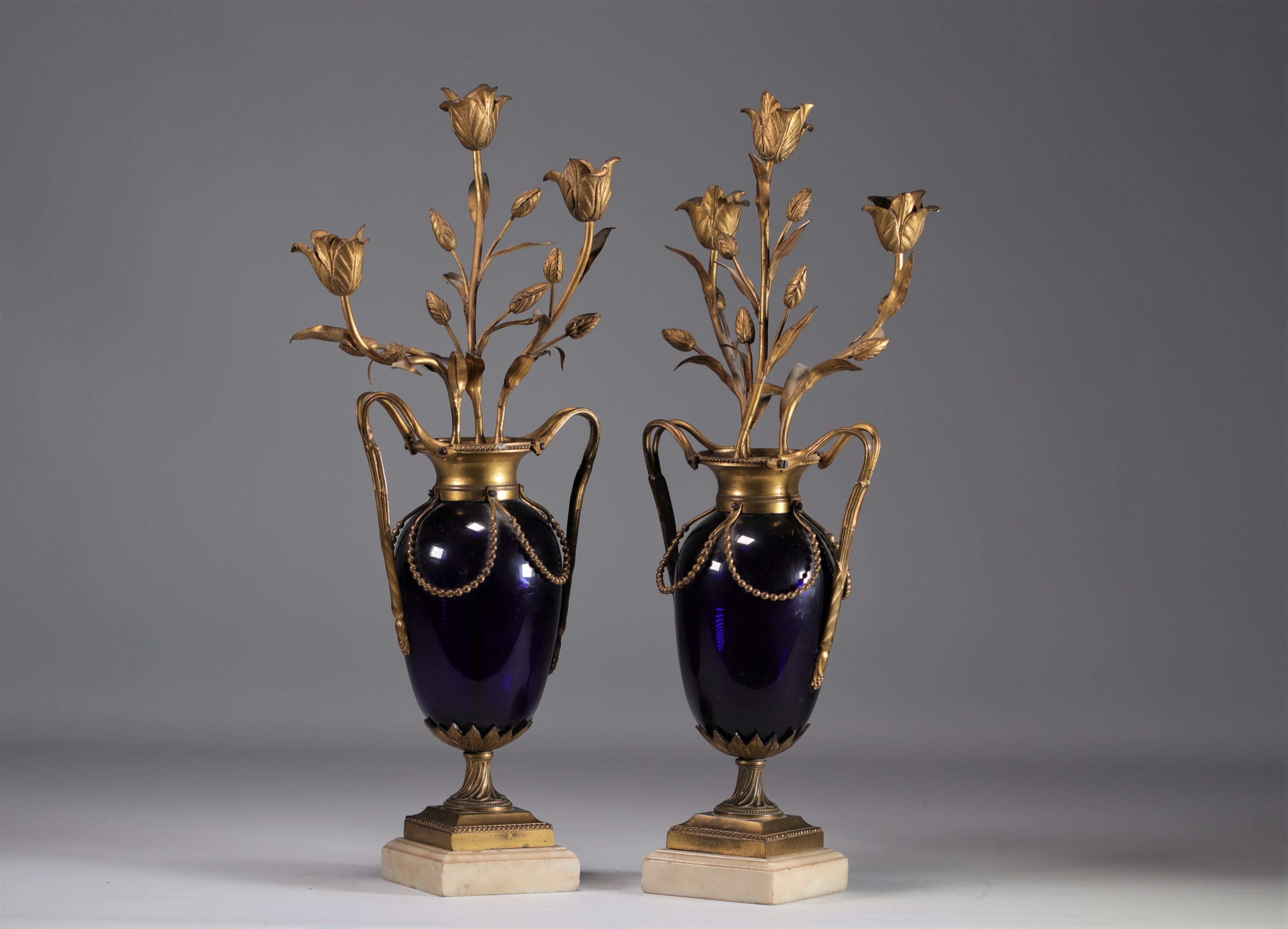 Pair of "candelabra" vases in Le Creusot blue glass and bronze, Louis XVI period