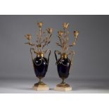 Pair of "candelabra" vases in Le Creusot blue glass and bronze, Louis XVI period