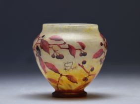 Daum Nancy acid-etched vase decorated with red berries