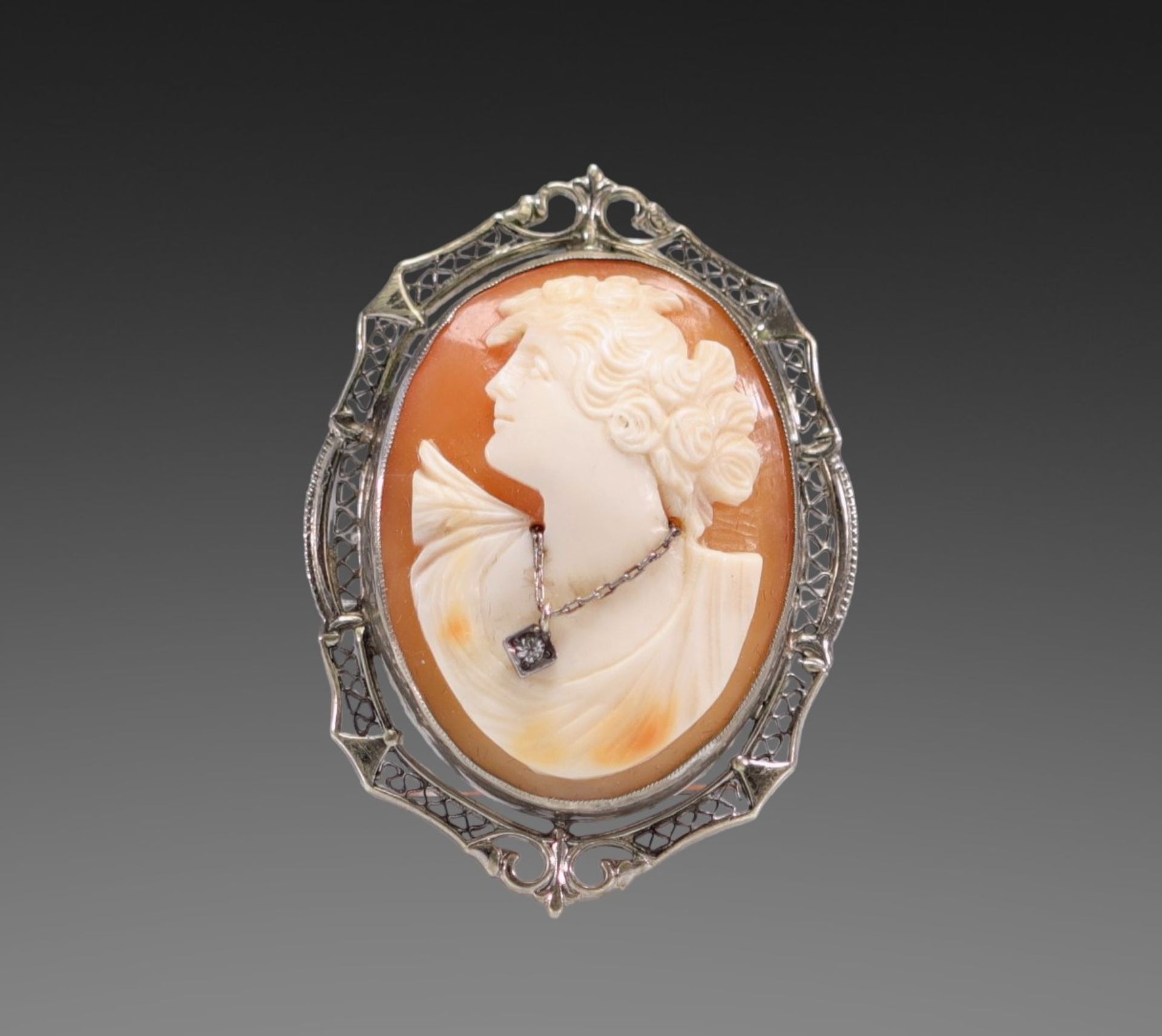 14k white gold brooch set with a cameo representing a woman in profile in bloom, with a genuine diam - Image 2 of 2