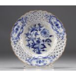 MEISSEN openwork porcelain plate with white and blue decoration and crossed swords mark