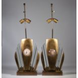 (2) Willy DARO (XXth century -XXIst century) Pair of gilded metal lamps with semi-precious stones -