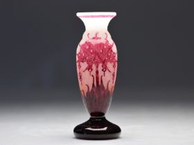 Le Verre Francais acid-etched vase decorated with pink rhododendrons on a white background