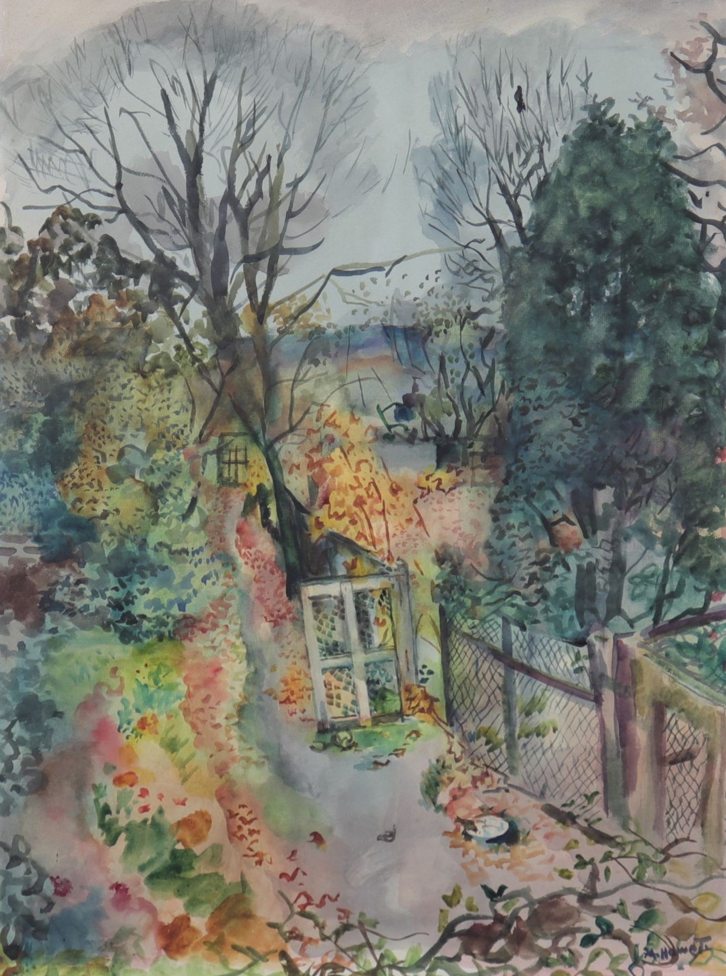 Marie HOWET (1897-1984) Drawing-Watercolour "garden view"
