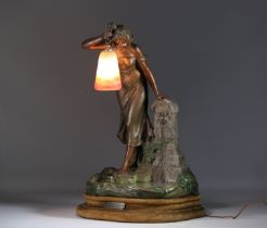 Imposing Art Nouveau lamp, young woman at a pond