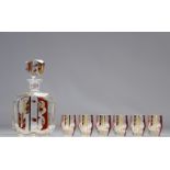 Art Deco crystal decanter and (6) glasses with "Karel Palda" sandblasted and enameled geometric deco