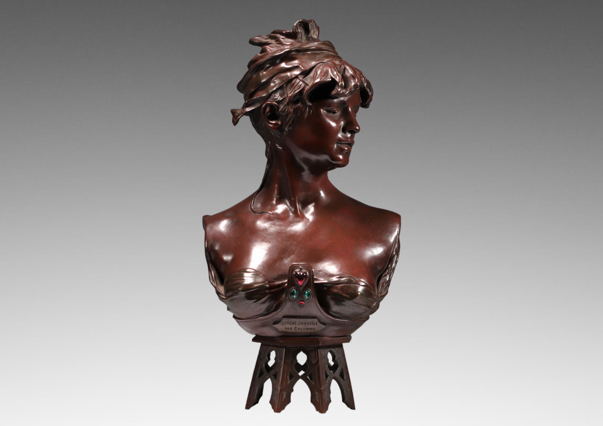 Renzo COLOMBO (1856-1885) Bronze bust of young woman with stone inlay