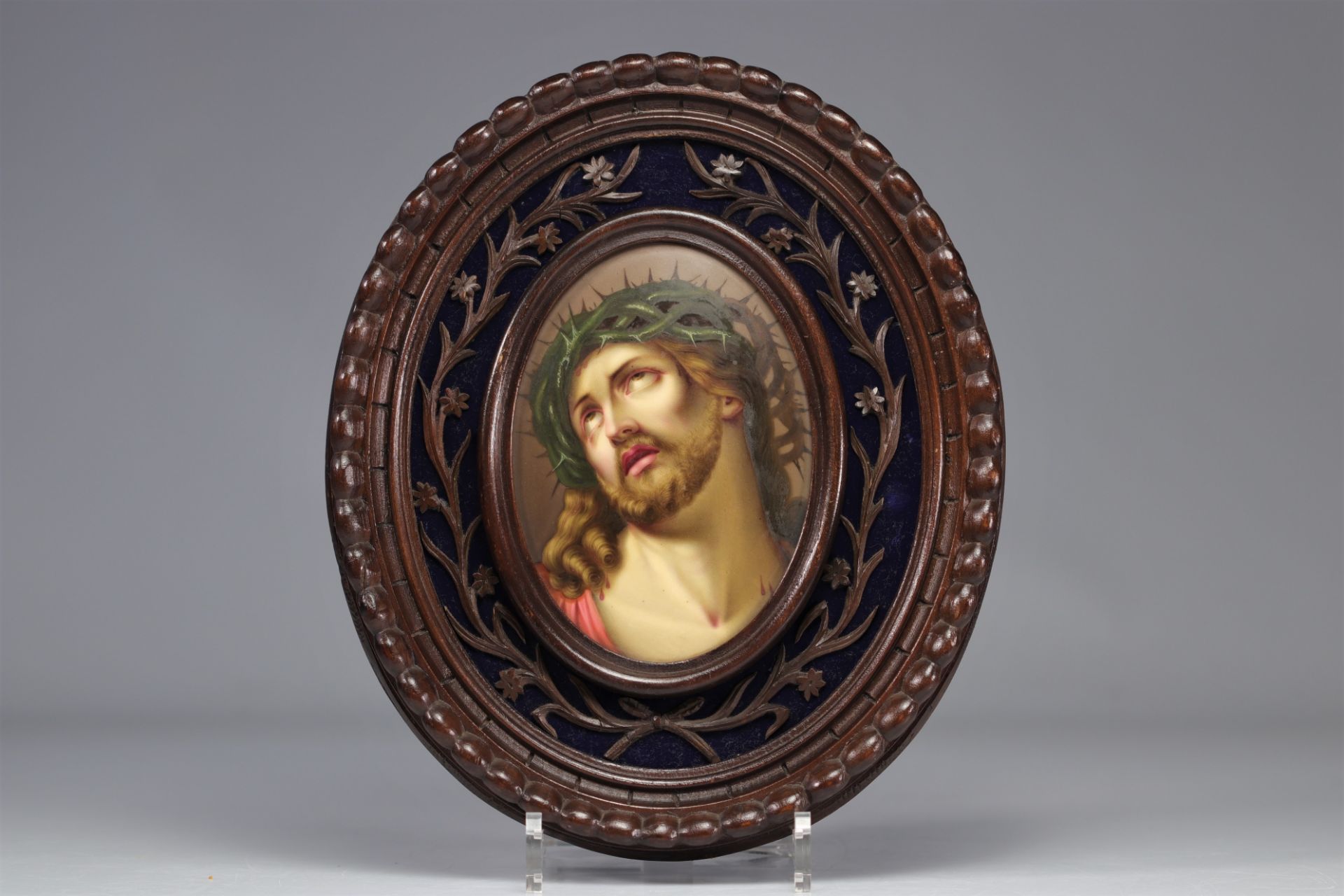Painting on porcelain head of Christ in a wooden frame in the KPM style