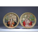 Pair of marble medallions painted with figures India