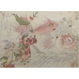 Light-colored Japanese print decorated with figures, fish and writings
