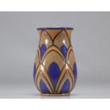Villeroy & Boch Art Deco enameled earthenware vase with blue and yellow and decorated with geometric