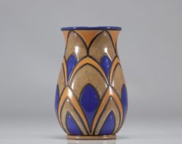 Villeroy & Boch Art Deco enameled earthenware vase with blue and yellow and decorated with geometric