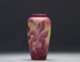 Val Saint Lambert multi-layered vase with mulberry tree design on a mauve background