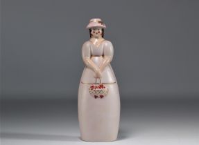 Faience bottle figurine "Dame a la corbeille de cerises" by ROBJ depicting a lady with a cherry bask