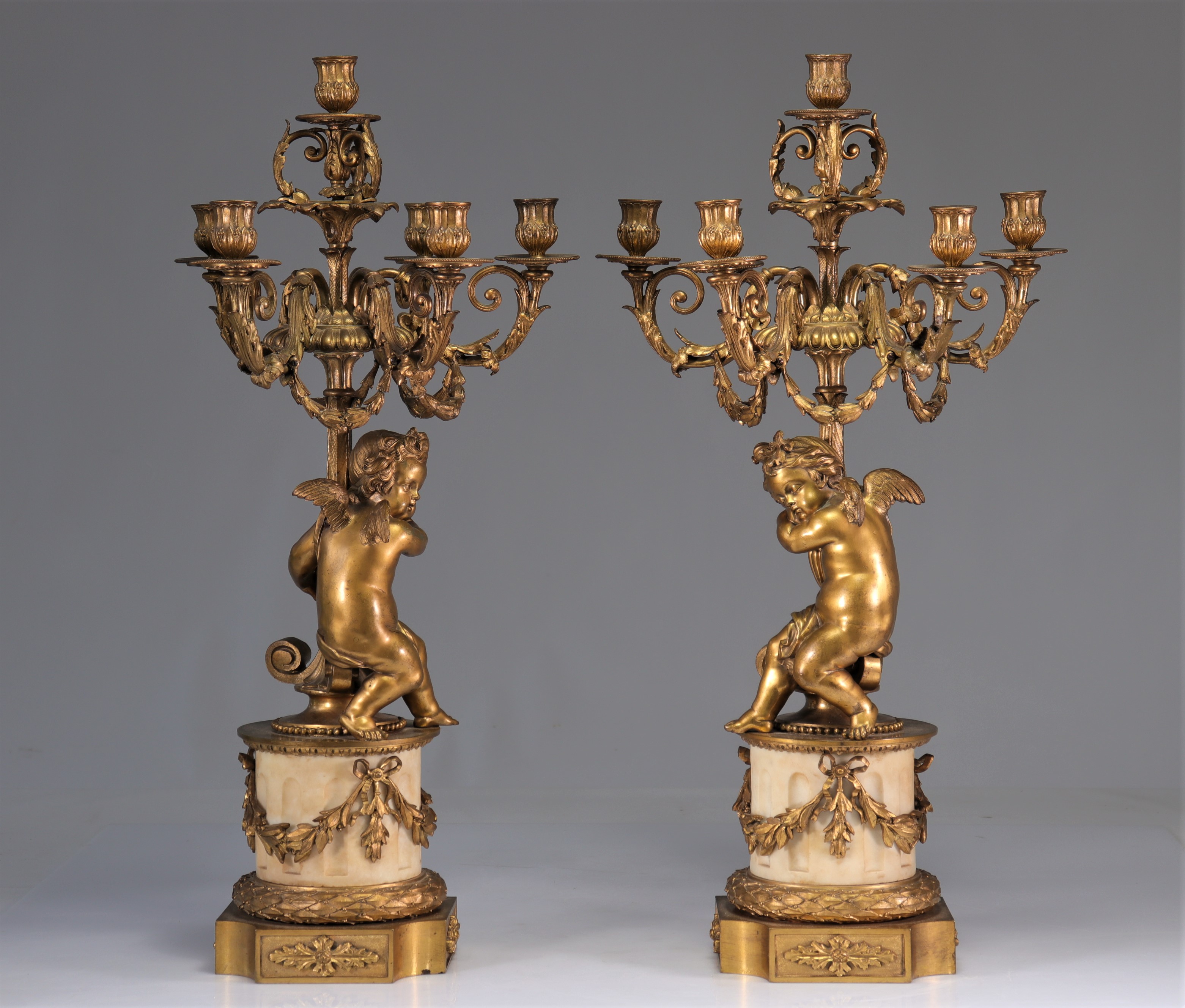 (2) Imposing pair of gilded bronze candelabra with marble base and "angels supporting the torches". - Image 4 of 4