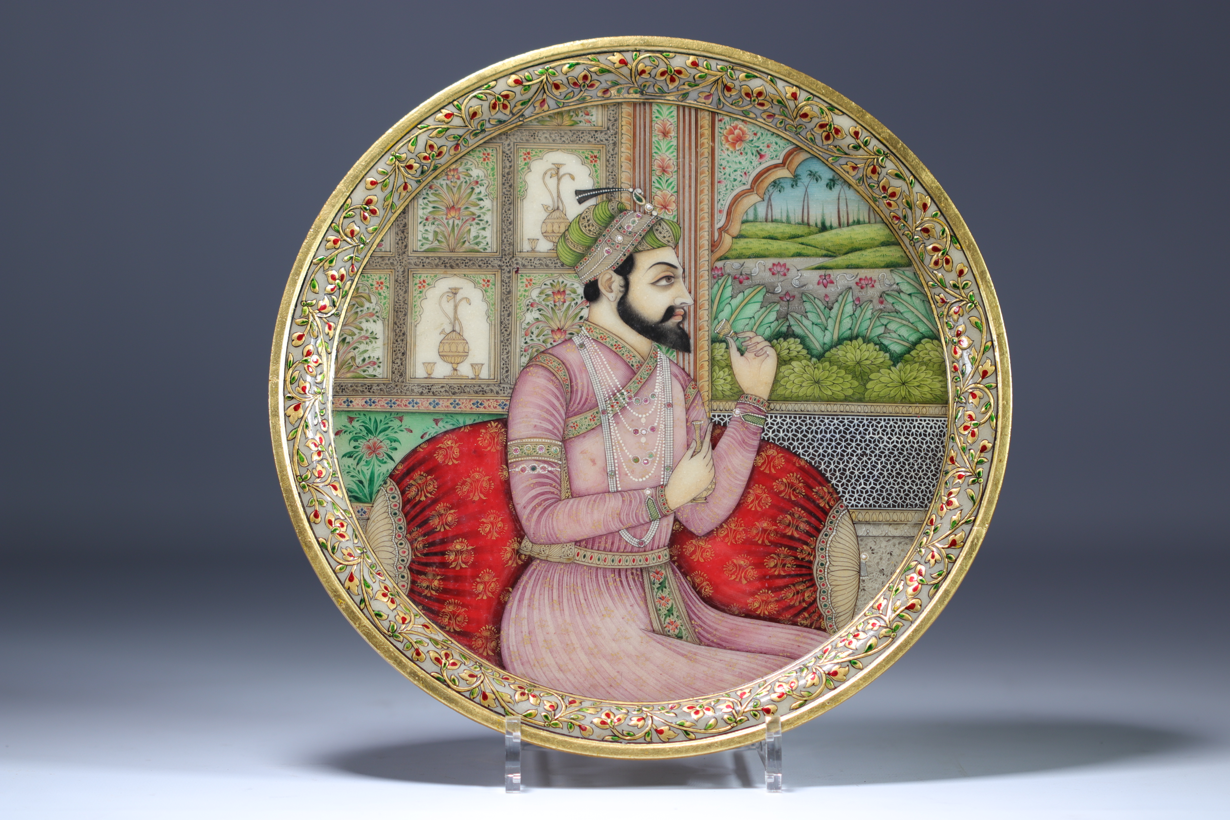 Pair of marble medallions painted with figures India - Image 4 of 5