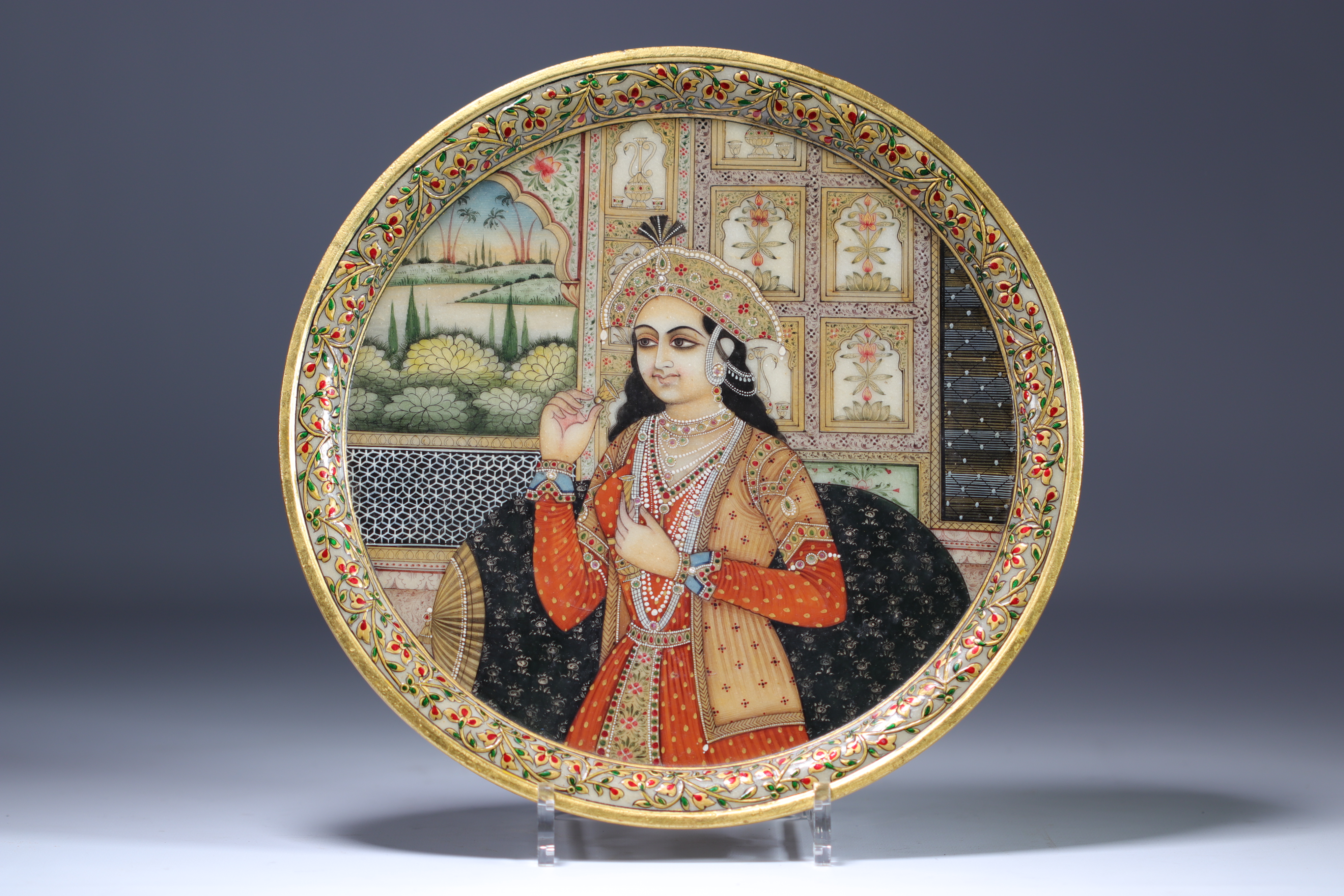 Pair of marble medallions painted with figures India - Image 2 of 5