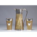 (3) Horn "jug and beakers" hunting set mounted on sterling silver English hallmarks