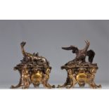 (2) Pair of Louis XV-style bronze andirons with double patina, decorated with dragons and angels' he