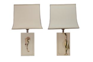 (2) Pair of lamps with lacquered feet decorated with seahorses and waders, 1970s