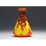 Le Verre Francais large acid-etched vase decorated with flowers on a yellow background