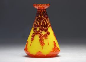 Le Verre Francais large acid-etched vase decorated with flowers on a yellow background