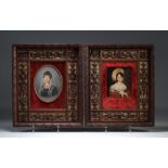 (2) Pair of "portrait of young women" paintings in carved wooden frame