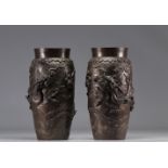 (2) Pair of Japanese dark bronze vases decorated with dragons from the Meiji period (æ˜Žæ²»æ™‚ä»£ -