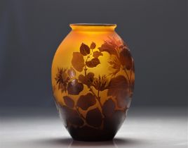 Rare Galle Emile vase in multi-layer with hazel tree decoration on a yellow background