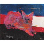 Victor HASCH (1945-2012) Oil on panel "the cat" in grape red on a black background