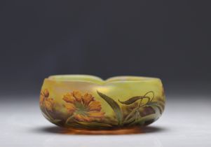 Daum Nancy acid-etched bowl decorated with daisies on a yellow background