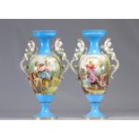 (2) Henri ARDANT (1828-1883) Pair of blue "romantic scenes" sevres vases from Limoges (France)