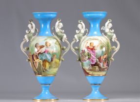 (2) Henri ARDANT (1828-1883) Pair of blue "romantic scenes" sevres vases from Limoges (France)