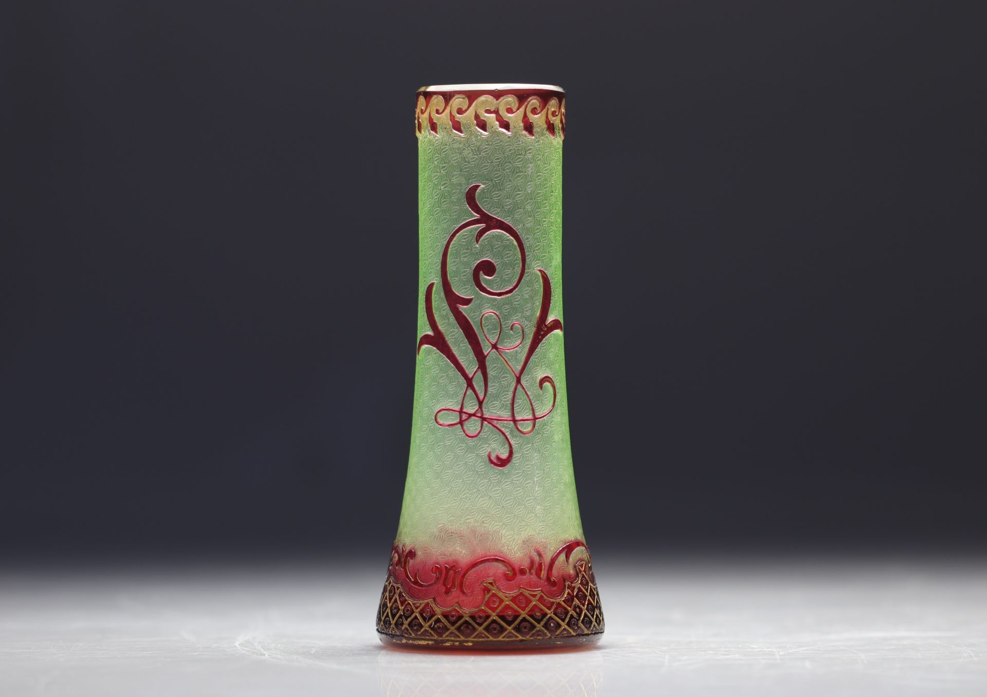 Val Saint Lambert acid-etched vase lined in red and urane