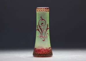 Val Saint Lambert acid-etched vase lined in red and urane
