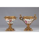 (2) Pair of Chinese famille rose porcelain bowls decorated with figures, bronze mounts