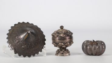 (3) Lot of Asian silverware made up of boxes and various highly detailed objects