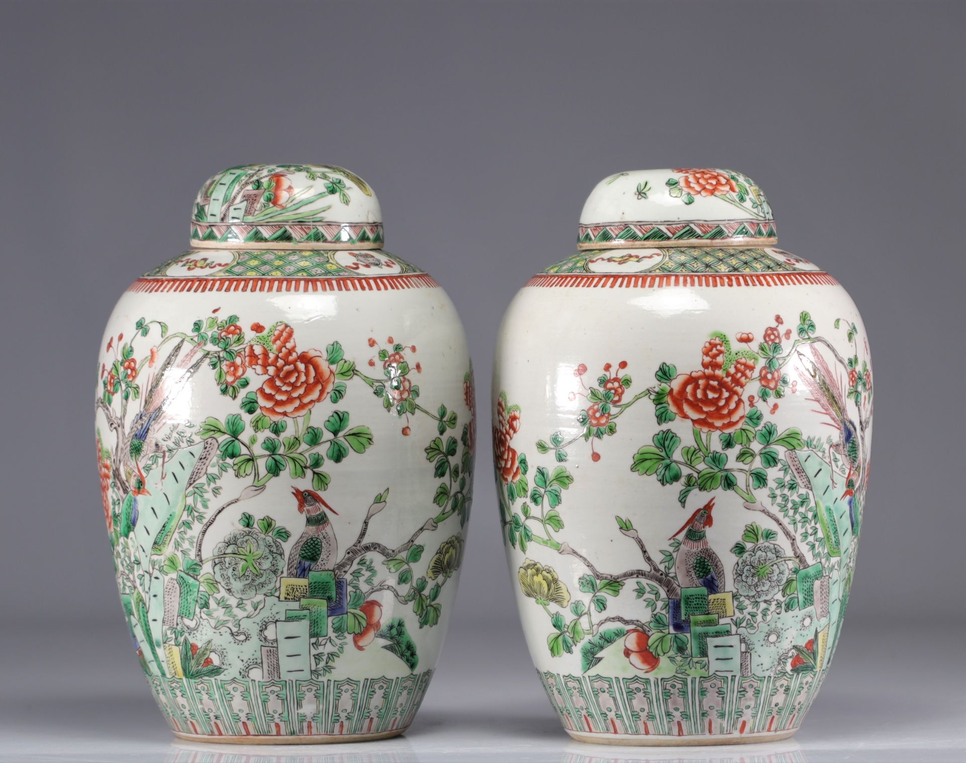 (2) Pair of vases covered with Famille verte and decorated with birds from 19th century - Image 2 of 4
