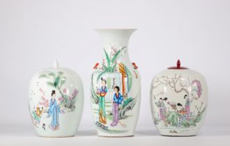(3) Famille rose porcelain vases decorated with figures and flowers on a white background