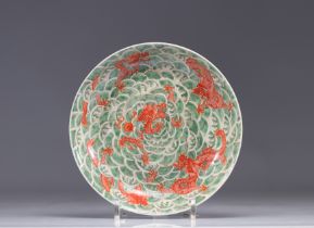 Porcelain plate decorated with red imperial dragons on a green background