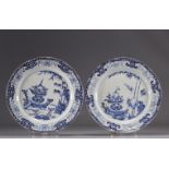 (2) Pair of large white and blue porcelain plates decorated with flower baskets from China from 18th