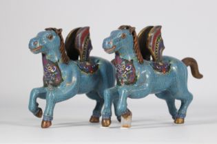 (2) Pair of blue horses with wings in different cloisonne patterns from the 1950s