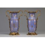 (2) Rare pair of blue porcelain vases with gilding and floral motifs and a Louis XV period bronze fr