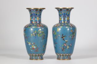 Paire de vases en cloisonnes a decor d'oiseaux et fleurs XIXeme