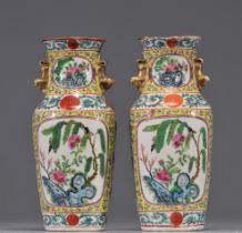 (2) Pair of Famille Rose porcelain vases on a yellow background