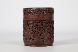 Covered box carved with warriors 19th century Chinese work