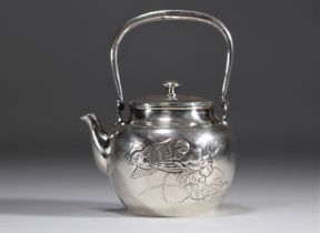 Solid silver teapot with bird design from Japan circa 1900