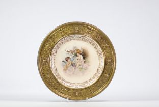 Large Villeroy Boch plate - with angels decoration, decorated copper rim dated 24.08.1868-1889