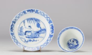 Chinese porcelain bowl and under bowl white blue erotic scene decoration