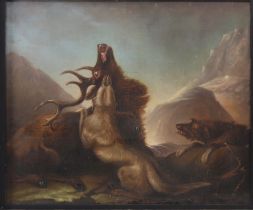 Oil on canvas "deer hunting scene" probably German 19th century